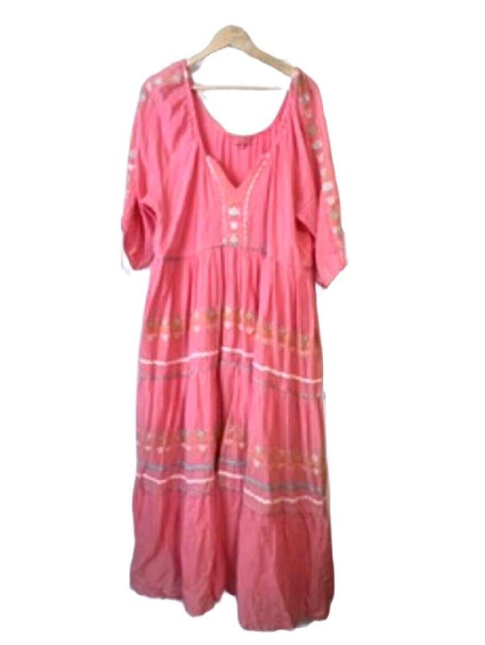 Simply Southern Pink tiered Embroidered Maxi Dress 100% Cotton Size Large